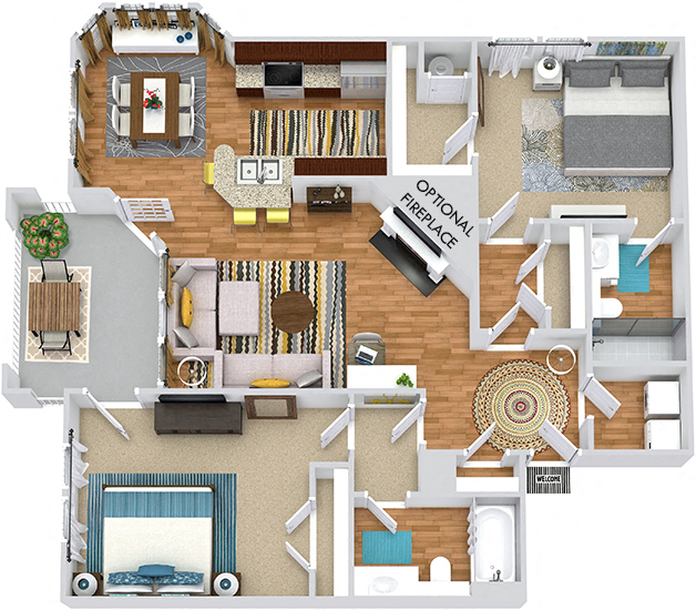 Floor plan for 2 beds, 2 baths, 1050 sqft